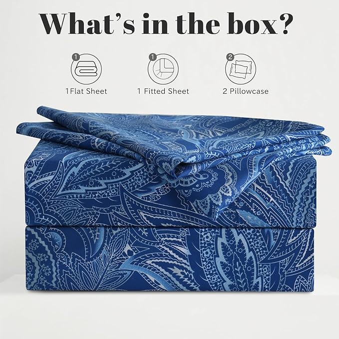 Bedlifes California King Sheet Set Ultra Soft, Breathable, Silky Flower Deep Pocket 100% Microfiber Bedding, 4 Piece Cal King Size Paisley Dark Navy Blue