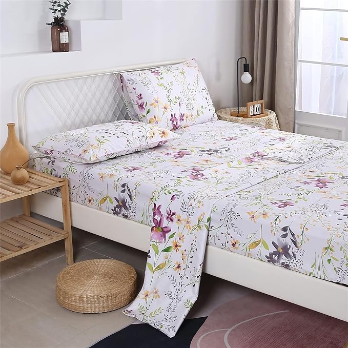 RYNGHIPY Cotton Floral Bed Sheet Set Full Size Botanical Flowers Print Bedding Shabby Garden Floral Bed Sheets