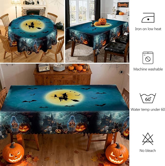 Eikione Round Tablecloth 60inch, Halloween Blue Bat Tablecloth Waterproof and Wrinkle-Free, Table Covers, Summer Decorations for Home Dining
