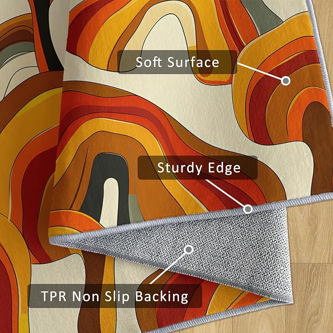 70s Retro Rug 3x5 Psychedelic Funky 1970s Abstract Pattern Area Rugs for Living Room, Bedroom, 70s Retro Home Decor Accessories Indoor Carpet, Non Slip & Machine Washable, GD0334