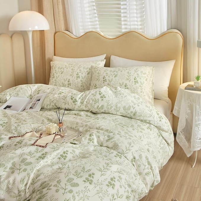 Garden Style Green Floral Comforter Set Queen White Soft Fluffy Microfiber Comforter Chic Floral Printed Bedding Set Vintage Flowers Leaves Botanical Comforter Set All Seasons Queen Comforter Set