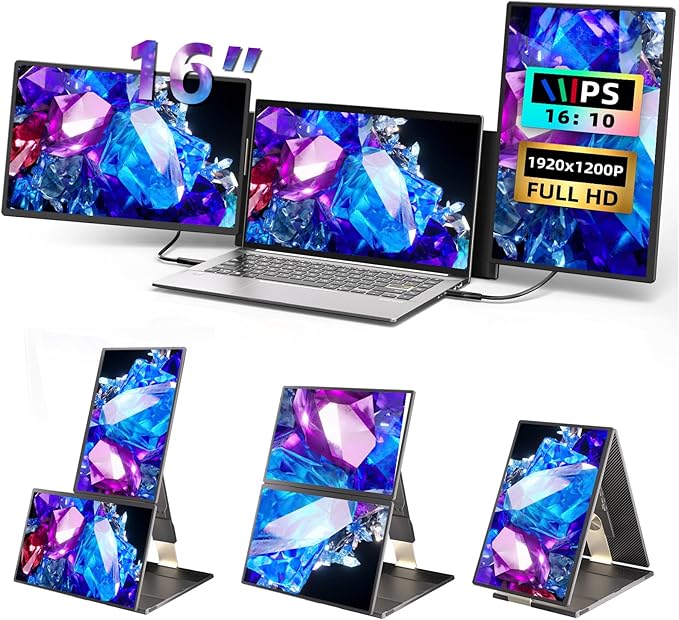 BKVOO Laptop Screen Extender 16-inch - Triple Laptop Monitor Extender Detachable FHD 1920x1200P IPS 235° Rotation Extra Portable Monitor Compatible with 13”-17” Mac Wins Dex Chrome