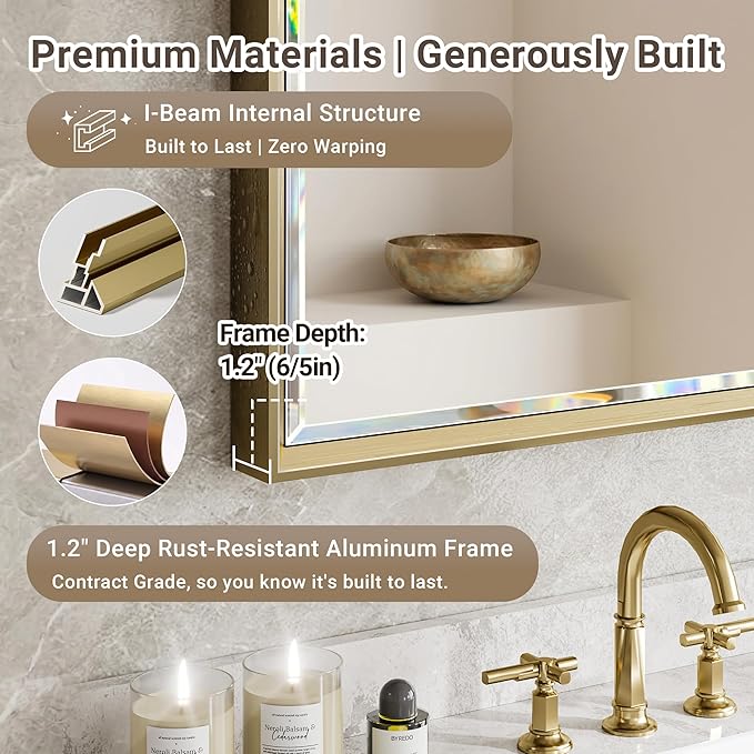 40 x 30 Gold Bathroom Mirror, Brushed Gold Beveled Bathroom Mirror, Shatterproof Large Gold Frame Rectangle Mirror, Brushed Brass Gold Framed Vanity Mirror Vertical/Horizontal Wall-Mounted