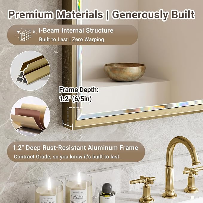 48 x 30 Gold Bathroom Mirror, Brushed Gold Beveled Bathroom Mirror, Shatterproof Large Gold Frame Rectangle Mirror, Brushed Brass Gold Framed Vanity Mirror Vertical/Horizontal Wall-Mounted