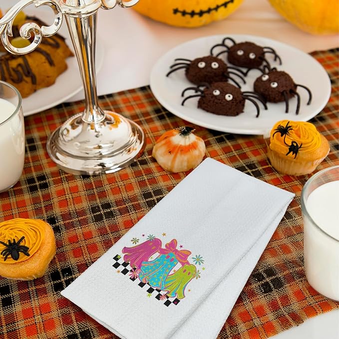 Halloween Ghost Kitchen Towels, Coquette Pink Bow Ghost Dish Tea Towels for Kitchen Decor, Trendy Spooky Halloween Decorative Hand Towel for Bathroom, 16x24 Inches