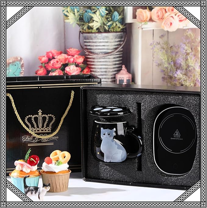 Honeydak Coffee Mug Warmer Cute Cat Mug Set Cup Warmer for Women Heated Coffee Warmers for Mom Home Office Desk Valentine's Day Anniversary Birthday Gifts(Cat,Black)