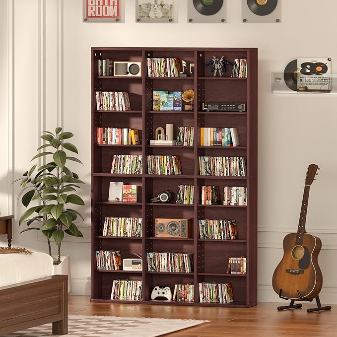 LELELINKY 8 Tier Tall Display Cabinet, Walnut Media Storage Cabinet with Adjustable Shelves, Free Standing DVD Organizer Shelf, Floor Multimedia Storage Manga Bookshelf for Living Room & Home Office.