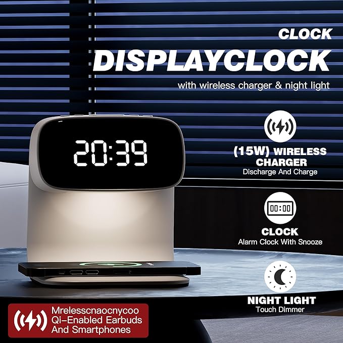 YIDPU Digital Alarm Clock with Wireless Fast Charging Station 15W Touch Smart Lamp for Bedside,3 Colors Nightlight Adjustment Night Lamp for Living Room,Bedside,Heavy Sleepers (White-01-Adapter)