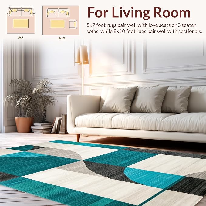 Flatwoven High Traffic Area Rug 6x9, Modern Abstract Geometric Rug Stylish Home Decor, Non Slip, Stain Resistant, Washable Area Rugs for Living Room, Bedroom (Teal, 6x9)