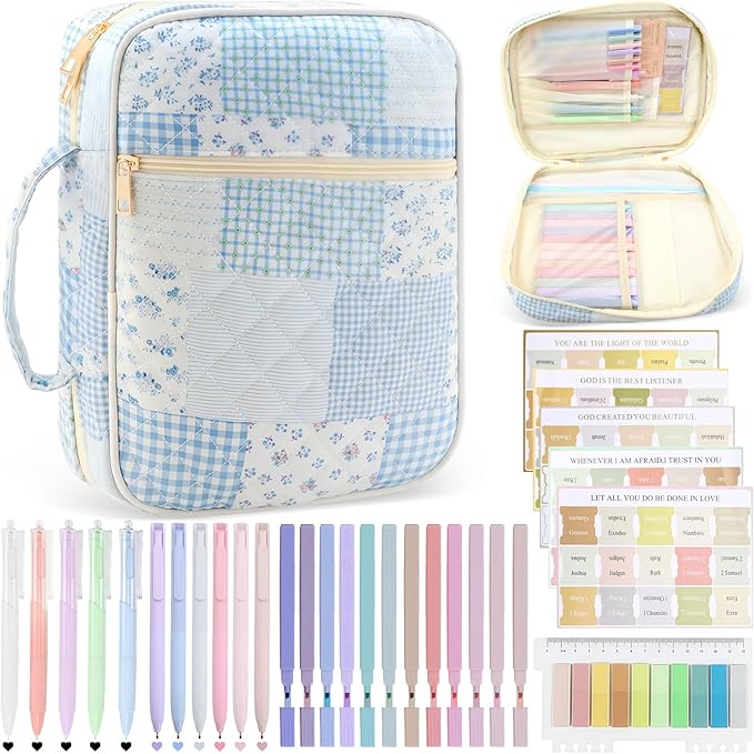 Lestp Bible Cover Case Study Supplies for Women Gifts Large Bible Cover with Highlighters Pens Tabs Cute Quilted Carrying Case Journal Kit Accessories Christian Gifts Sticky Notes D