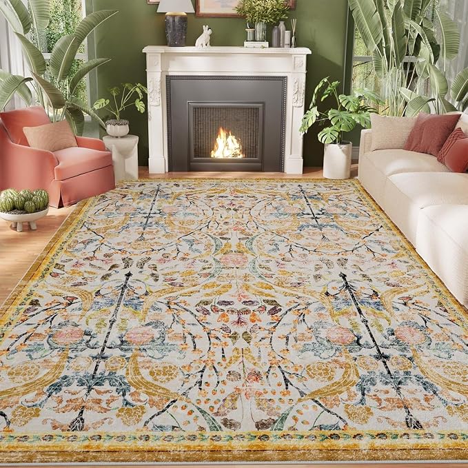 AMTOVO 9x12 Washable Area Rugs for Living Room, Non-Slip&Non-Shedding Floral Large Soft Boho Vintage Print Carpet for Bedroom Girls Room Dorm Dining Room Farmhouse Nursery Home Office, Golden Yellow