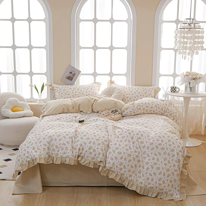 Girls Ruffle Duvet Cover Twin Chic Floral Lace Duvet Cover 100% Cotton Flower Bedding Set Romantic Ruffle Comforter Cover Girls Princess Bedding Set Vintage Floral Botanical Comforter Cover Twin