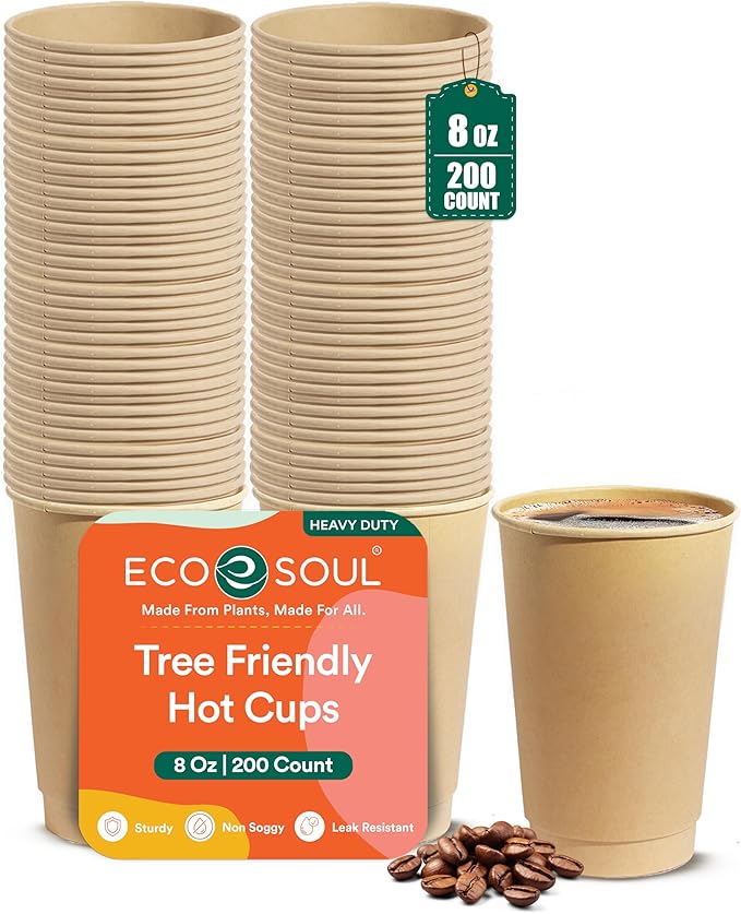 ECO SOUL 200 Pack 8 oz Disposable Coffee Cups Eco-Friendly, Biodegradable, Compostable, Leak-free & Sturdy To Go Hot Drink Travel Bagasse Cup for Tea, Chocolate, Party, Picnic & Cafe, Office & Home