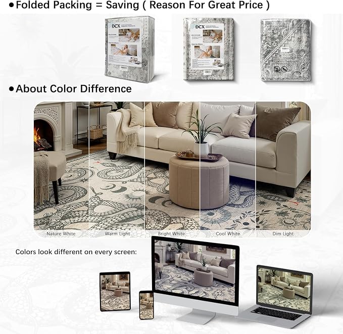 DCX Washable 6x9 Snake Rug, Beige Gothic Rug for Living Room, Soft Low Pile Carpet, Kid & Pet Friendly with Rubber Back Non Slip, Stain Resistant Rug for Bedroom Dining Room Office