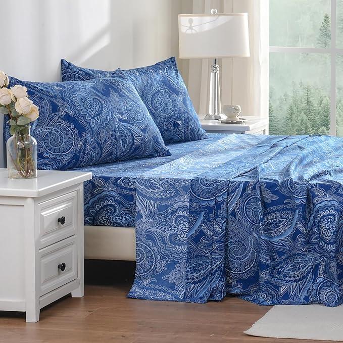 Bedlifes Queen Sheet Set Ultra Soft, Breathable, Silky Flower Deep Pocket 100% Microfiber Bedding, 4 Piece Queen Size Paisley Dark Navy Blue