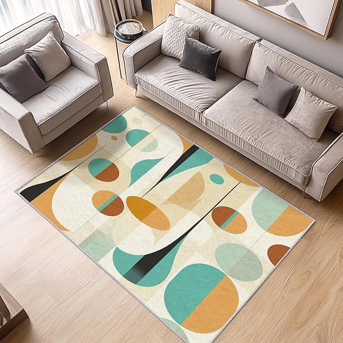 Retro Mid Century Rug 8x10, Washable Modern Geometric Rugs for Living Room Bedroom, Abstract Mid-Century Area Rug for Home Decor, Non Slip Backing Floor Carpet - 8 x 10 ft