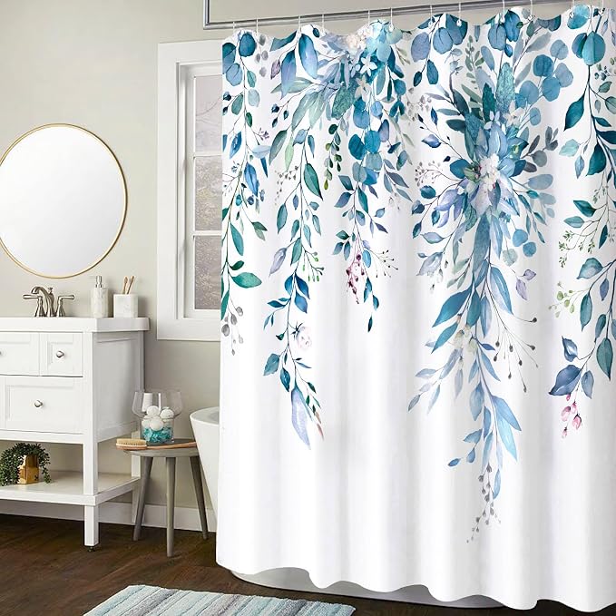 84 Inch Extra Long Blue Eucalyptus Shower Curtain Watercolor Floral Plant Leaf Shower Curtains for Bathroom Botanical Flower Waterproof Fabric Bath Curtain Decor with Hooks (Blue, 72'' x 84'')