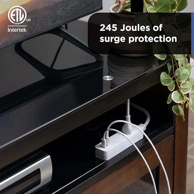 GE 2 USB C Extension Cord Power Strip, 2 Outlets, 4 Ft Braided Cord, Flat Plug, 245 Joules, 12W Charging Power, 16AWG, White, 87434