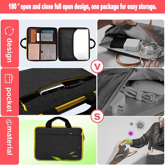 Hseok Laptop Case 13.3-14 inch Briefcase Handbag, Water-Resistant and Shockproof Computer Sleeve Compatible with MacBook Pro 14", Mac Air/Pro 13.3" and 13"-14" Notebooks Chromebooks,Black-Yellow