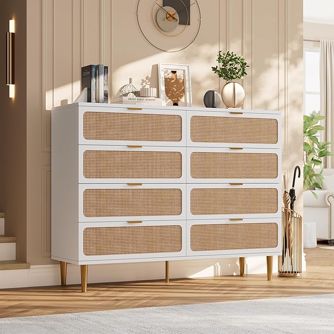 Garvee Rattan Dresser with 8 Drawers, Tall Modern Closet with Deep Storage, Large Chest of Drawers with Wide Top, Long Wooden Dresser for Bedroom, Living Room, Hallway, Kids Room, White