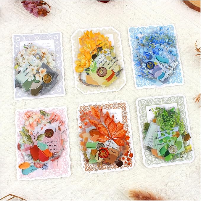 Dwpetzo 6 Assorted Watercolor Mixed Floral Leaf Collage Stickers for Journaling, 120Pcs Decorative Background PET Stickers for Scrapbooking, Junk Journal Supplies, Card Making