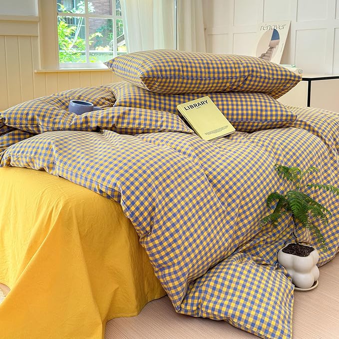 LifeTB Gingham Comforter Set Full Modern Style Purple Yellow Grid Plaid Comforter Set Soft Fluffy Checkered Pattern Comforter with 2 Pillowcases Farmhouse Gingham Grid Bedding Comforter Breathable