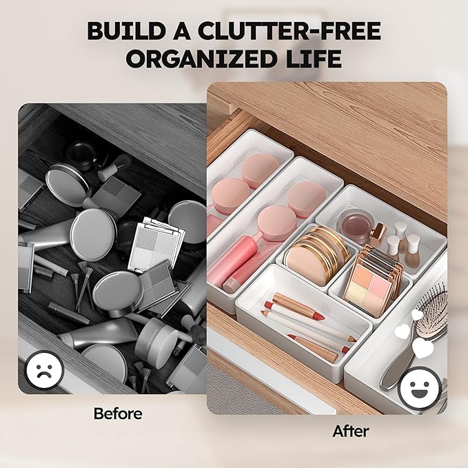eazttouz 7 Pack Stackable Drawer Organizer Trays, Plastic Shallow Storage Bins for Bathroom Vanity, Desk Drawer, Kitchen, Makeup Organization, White (1XL+2L+2M+2S)