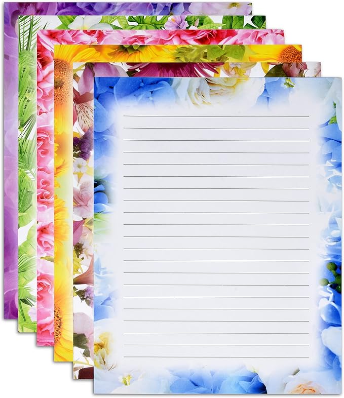 Gift Boutique 120 Pack Floral Lined Stationery Paper Letterhead Sheets, 8.5" X 11", 6 Flower Designs, Double Sided, Writing Printing Crafting Supplies