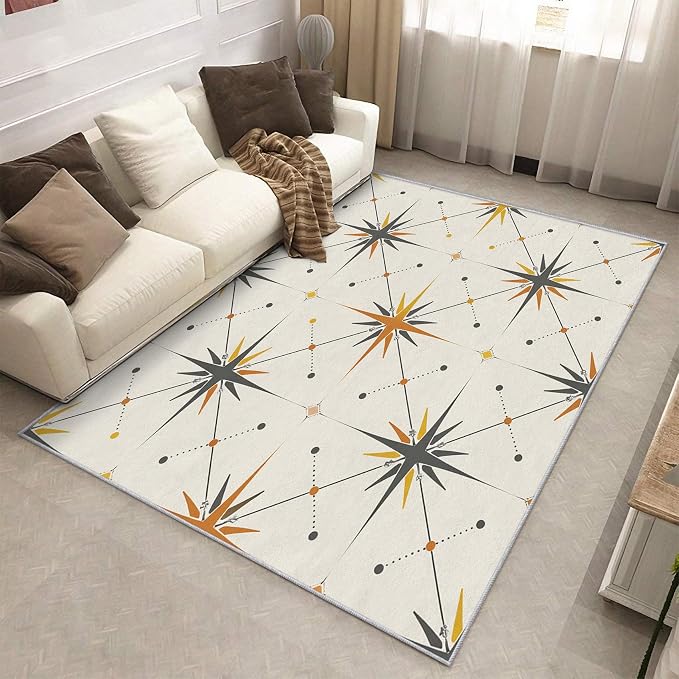 Atomic Rugs for Bedroom 5x6 ft, Mid Century Modern Area Rugs for Living Room, Washable Non Slip Low Pile Starburst Carpet, Home Decor PF-P 107