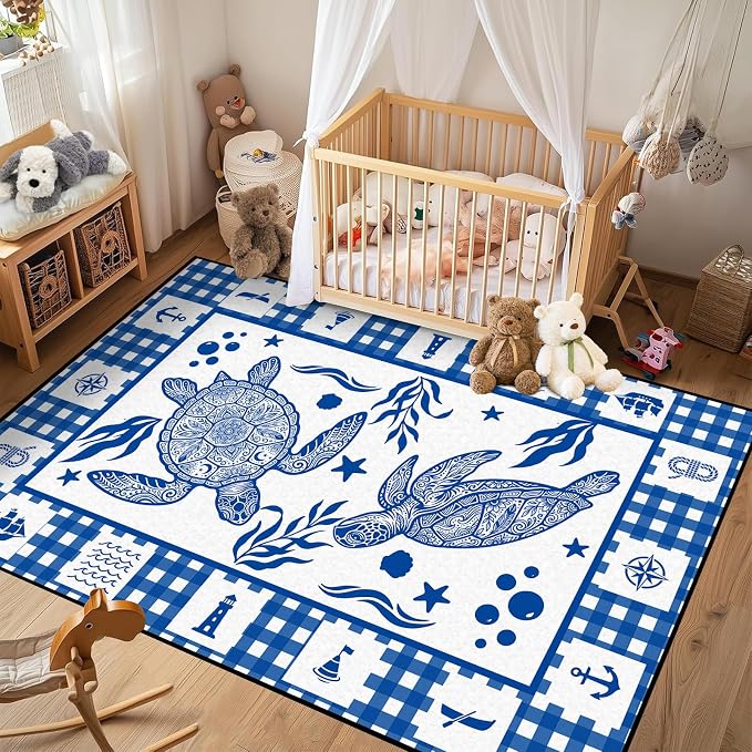 Sea Turtle Rug Coastal Ocean Print Floor Mat Blue and White Plaid Area Rug for Bedroom Living Room Nursery Kitchen Playroom Home Decor Non-Slip Washable Carpet,5'x7'