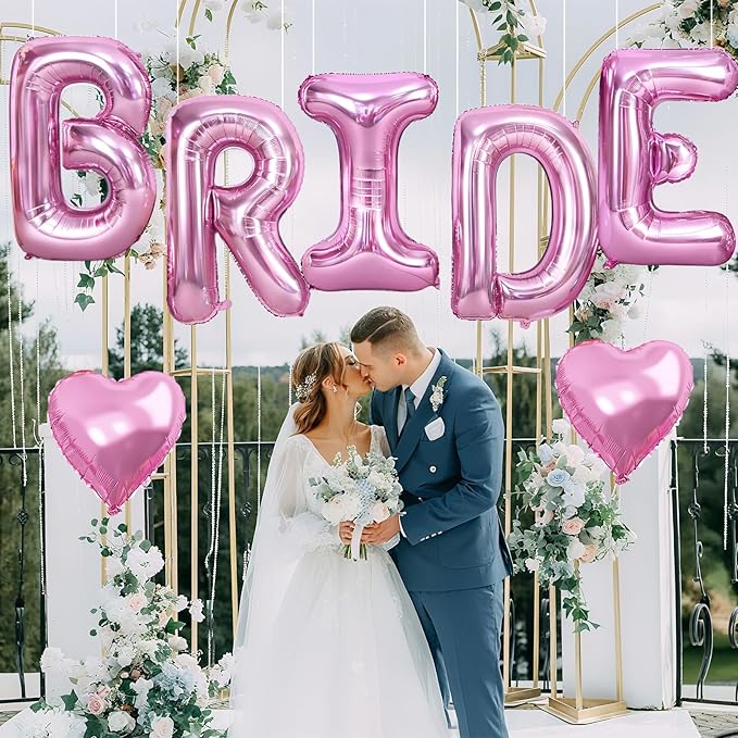 40inch Pink BRIDE Letter Balloons, Giant Pink Bride Foil Helium Balloon Banner with Heart Balloon for Bride to Be Wedding Engagement Bridal Shower Bachelorette Party Decoration