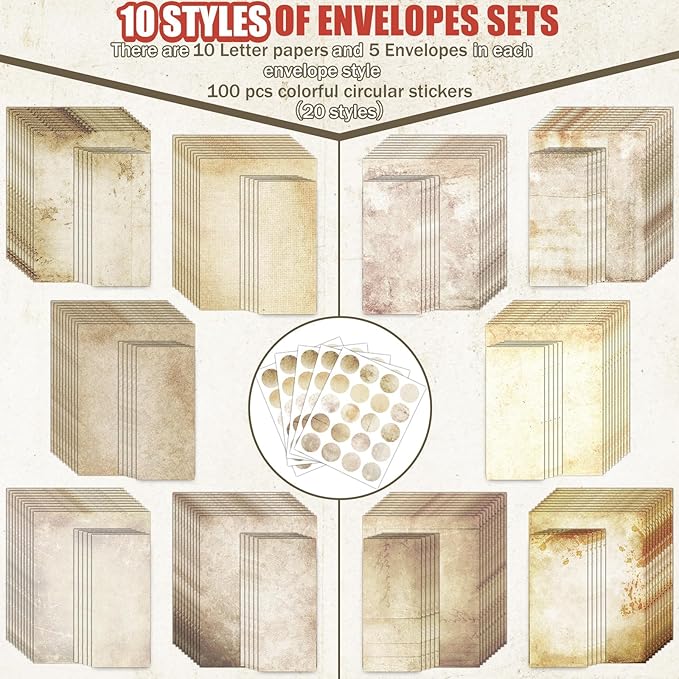 EggSun 250Pcs Vintage Kraft Stationery Paper and Envelope Set with 100 Letterhead Papers and 50 Envelopes, 10 Design for Letter Writing Invitations Computer Holidays Party Notes, 8.5x11 Inch-Retro