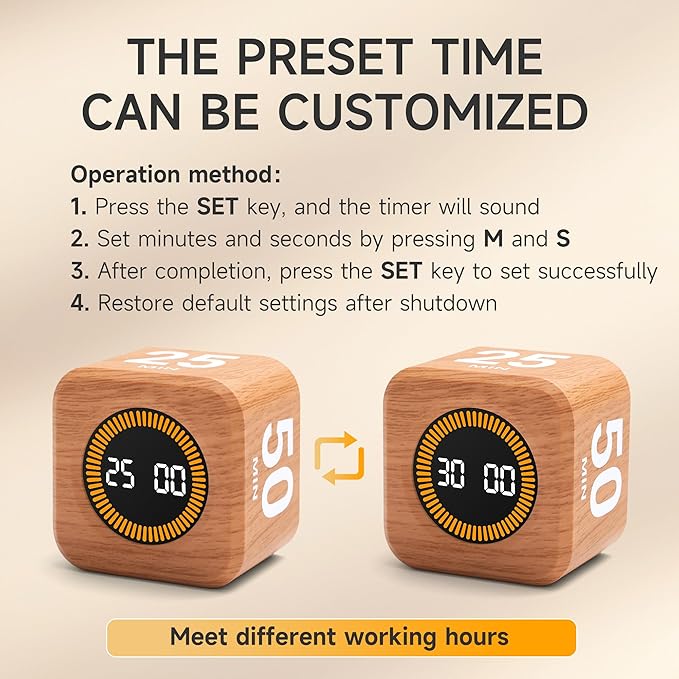 Exlliy Rotating Productivity Timer 5, 25, 10, 50 Minutes Preset, Desk Cube w/Gravity Sensor for ADHD, Mute Functions, Ideal for Work, Study, Kitchen, Back to School (1, Wood Grain Finish)