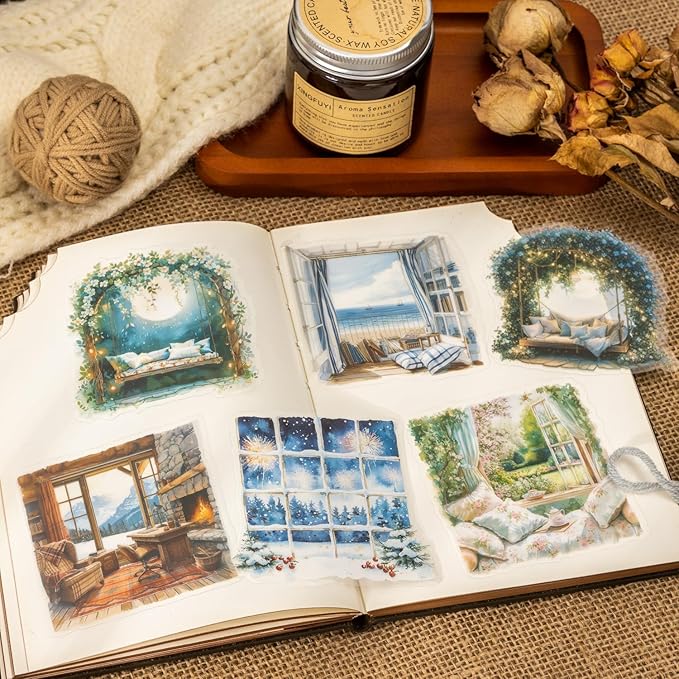 AuriicLeaf Window Scenery PET Sticker Set, 60Pcs Large Landscape Stickers for Scrapbooking, Journaling, Junk Journal Supplies, and DIY Crafts