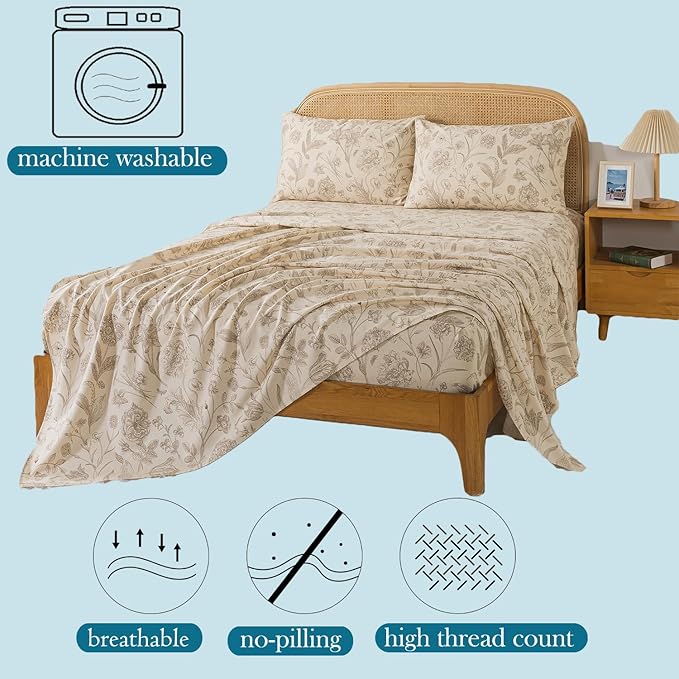 Zusbest King Size Sheets 100% Percale Cotton Beige Floral Bed Sheet Set, Brushed Extra Softness, Breathable Luxury Toile Flannel Sheets Like Khaki Flower Print Deep Pocket Bed Set 17.5'' 4 Pcs