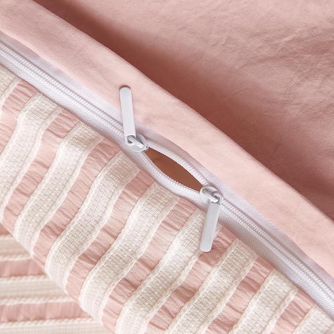 Striped Duvet Cover Set King Pink Washed Microfiber Jacquard 3 Pieces Bedding Set, White Pink Vertical Ticking Stripes Pattern Comforter Cover with Zipper Closure Breathable Durable Soft Comfy