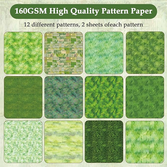 Scrapbook Paper,24 Sheets 6"x 6" Decorative Papers,Single-Sided Vivid Origami Decoupage Paper for Card Making,DIY Album, Hand Account & Travel Diary Craft Projects,Green Grassland
