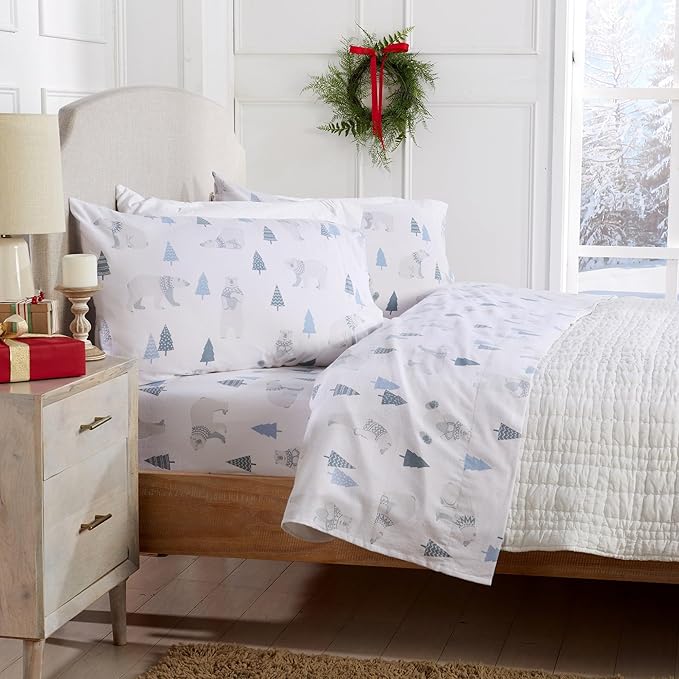 Market & Place 100% Turkish Cotton Flannel Sheet Set | 3 Piece Deep Pocket Novelty Cozy Winter Bed Sheets | Double Brushed for Extra Softness & Comfort | Alpine Collection (Twin, Polar Bears)