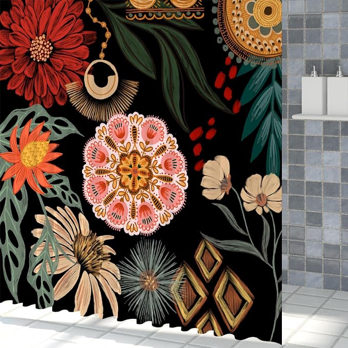 Black Boho Floral Shower Curtain Abstract Botanical Mid Century Modern Bathroom Decor Tropical Flower Shower Curtain with 12 Hooks,72x96 inches