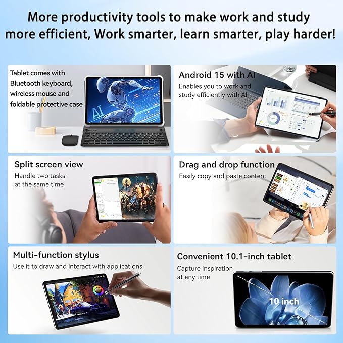 Android 15 Tablet 10 inch, 2025 Tablet with Keyboard, 2-in-1 Tablets with T615 Octa-Core, 20GB+128GB+2TB Expand, Gemini AI, 8MP Camera, 6000mAh, Android tablet with Keyboard, Mouse, Case, Stylus