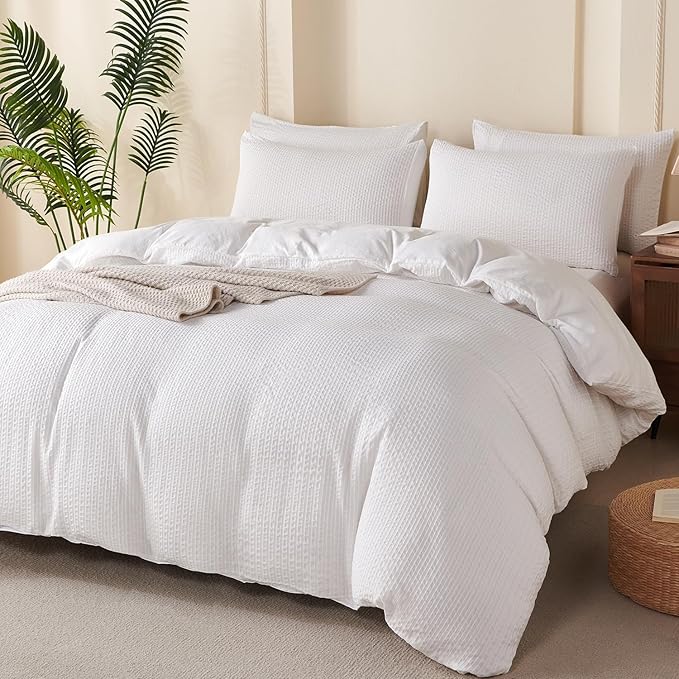 Duvet Cover King Striped White Soft Luxury Washed Jacquard Microfiber Stripes Pattern 3 Pieces Bedding Set for All-Season with Zipper Closure, Lightweight Comfort Breathable