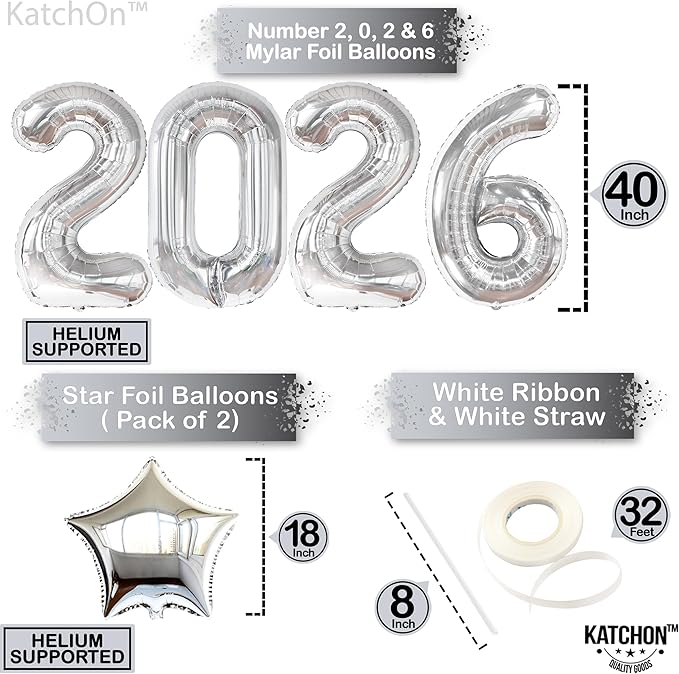 Katchon, Giant 2026 Balloons silver - 42 Inch | New Year Decorations 2026 | Star Foil Balloons for 2026 New Year Party Decorations