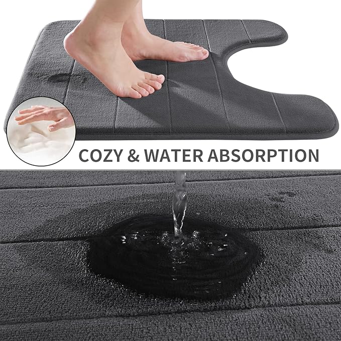 Yimobra Memory Foam Toilet Bath Mat U-Shaped, Soft and Comfortable, Super Water Absorption, Non-Slip, Thick, Machine Wash and Easier to Dry for Bathroom Commode Contour Rug, 24 X 24 Inches, Dark Gray