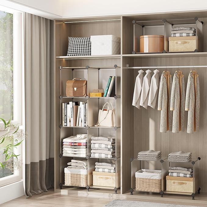 AWTATOS Cube Storage Organizer, Closet Organizers and Storage, 6 Cube Shelves Bookshelf, DIY Stackable Plastic Clothes Organizer Shelving for Bedroom, Home, Transparent Twill