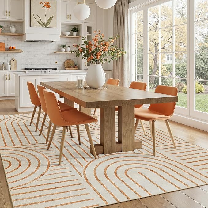 DCX Beige Machine Washable Area Rug 4x6, Midcentury Modern Non Slip Stain Resistant Rug 4x6 for Living Room, Bedroom, Dining Room, Soft Low Pile Large Carpet