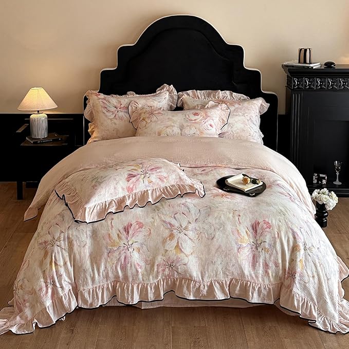 HighBuy Ruffle Floral Bedding Linen Duvet Cover King,Yarn-Dyed Cotton Linen Textured Breathable Cottagecore Bedding Set for Women Girls,1 King 104"x90" Duvet Cover and 2 Ruffle Pillowcases