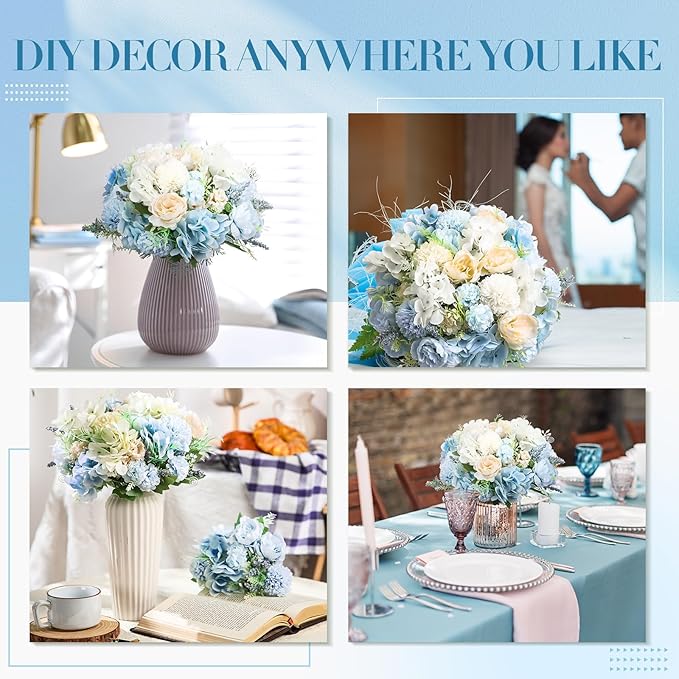 Tigeen Artificial Flowers Artificial Peonies Silk Flowers Faux Peony Fake Peony Silk Hydrangea Bouquet for Wedding Table Centerpiece Floral Vase Decor(White,Blue,12 Bundles)