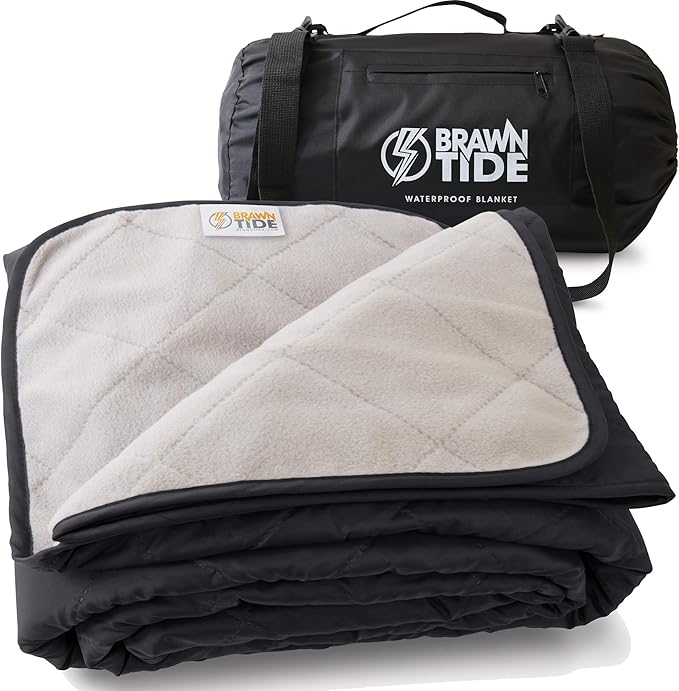 BRAWNTIDE Large Outdoor Waterproof Blanket - Extra Thick Fleece, Warm, Windproof, Sandproof, Quilted, 82" x 55", Ideal for Beaches, Picnics, Camping, Stadiums, Dogs, Car