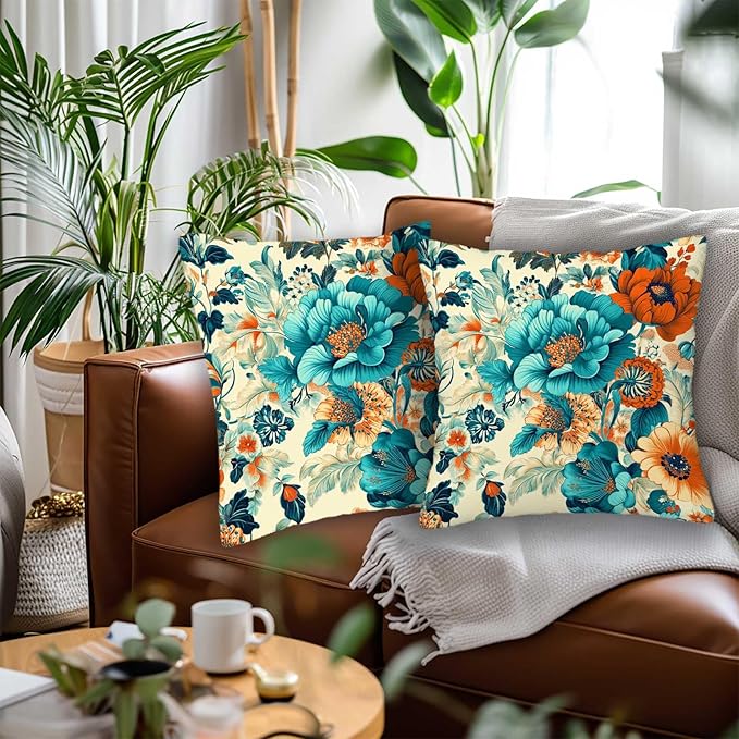 Floral Throw Pillow Covers 18x18 Set of 2, Flower Pillowcase for Couch, Sofa, Living and Bed Room, Vintage Home Decoration with Zipper Closure