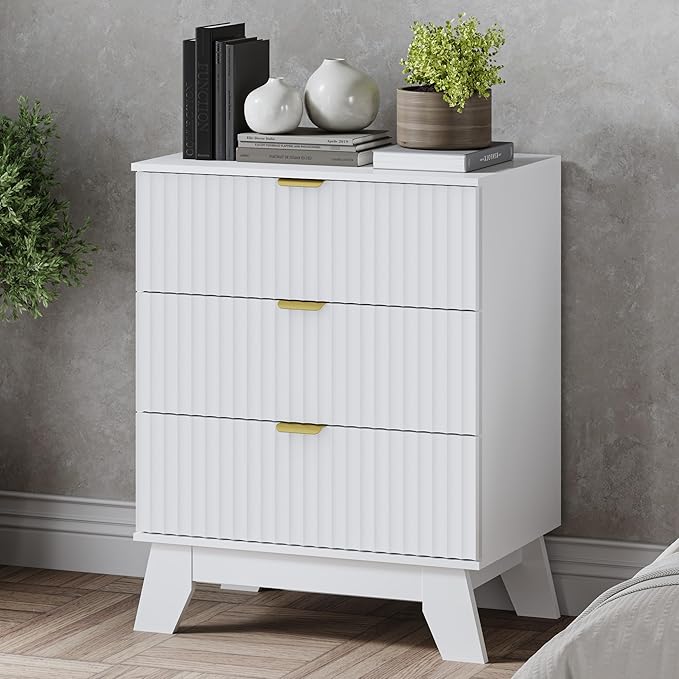 BORNOON Fluted 3 Drawer Dresser, 30.3" Tall Compact Modern Boho Chest of Drawers, Wooden Storage Cabinet for Bedroom, Living Room, Entryway, Curved Profile Design